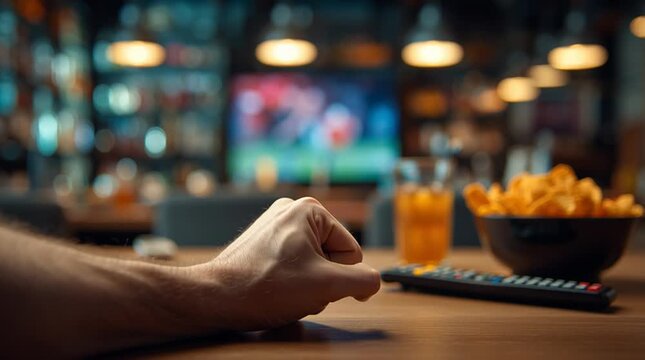 Mans hand reaching for remote control while watching tv with chips and drink
