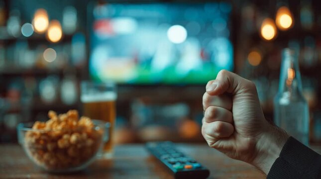Excited fan watching sports on tv with beer and popcorn in bar