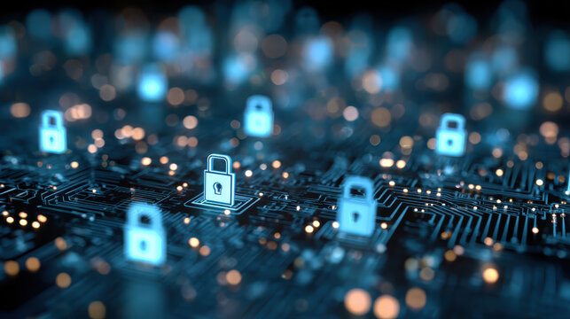 Blue Circuit Board with Padlock Icons: High-Res Digital Background for Cyber Security & Data Protection Themes
