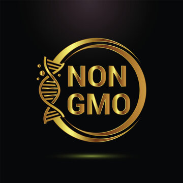 Golden Non GMO logo with DNA double helix symbol inside circle