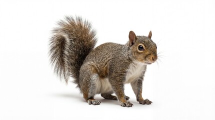 Fototapeta premium A curious squirrel stands on a white background, looking directly at the camera.