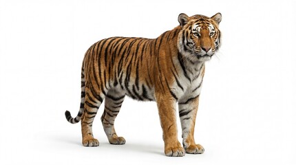 Obraz premium A majestic tiger standing confidently on a plain white background