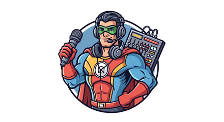 Superhero DJ with Microphone and Sound Mixer ready to entertain the crowd