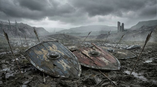 Scattered Broken Shields on Ancient Battlefield