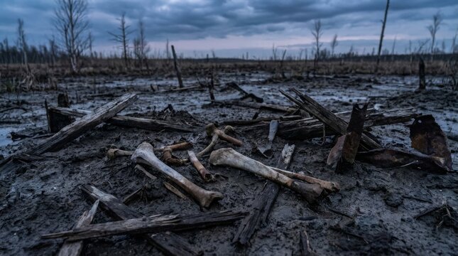 Scattered Human Tibiae in Desolate Landscape