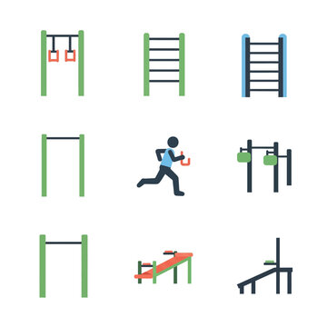 Outdoor Fitness Equipment and Sports Icons Set.
