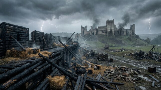 Scorched Medieval Fortress Under a Stormy Sky