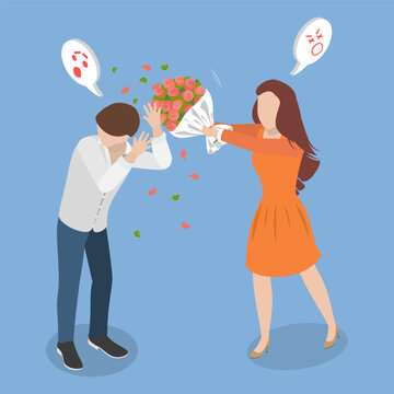 3D Isometric Flat Vector Illustration of Infidelity, BrideS Bouquet Attack Reveals GroomS Betrayal Discovery