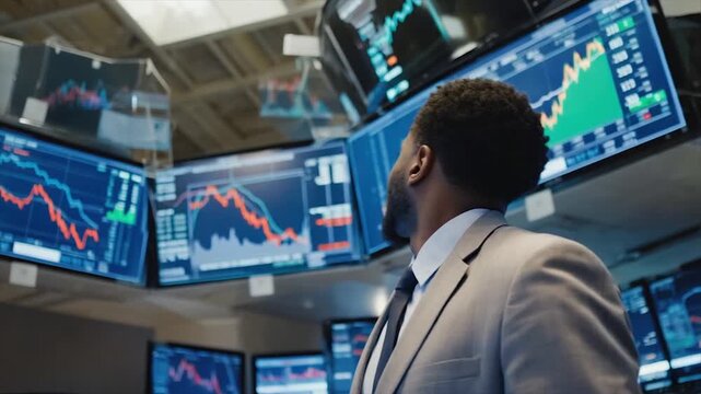 A man in a suit looks up at multiple monitors displaying financial market charts