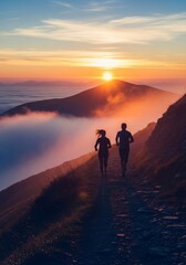 Two silhouettes running together on a misty mountain trail at sunrise, symbolizing shared effort and a strong bond on their journey, scenic, bond, journey