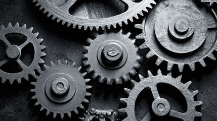 Intricate close-up view of interlocking metal gears forming a complex mechanical system