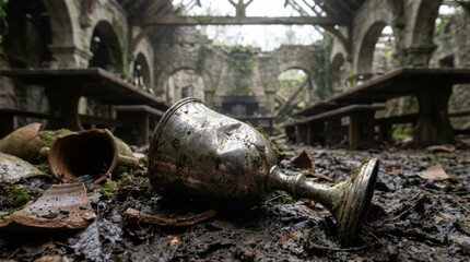 Fototapeta premium Tarnished Silver Goblet Lying in Abandoned Ruins
