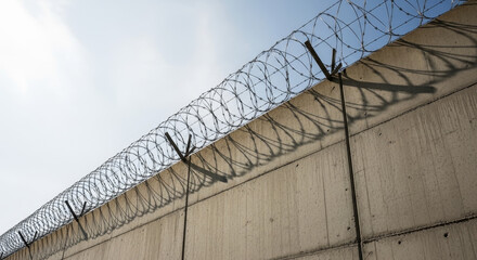 Fototapeta premium Prison Wall with Concertina Wire under Sunlight for Security Blogs, Awareness Campaigns, Social Justice Articles, and Legal Discussions