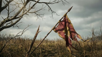 Tattered Battle Flag Flying in a Field Under a Stormy Sky