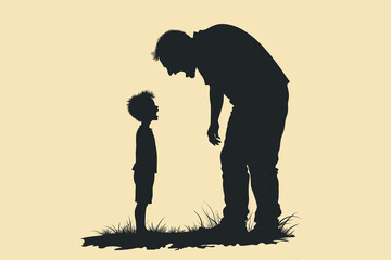 Silhouette of angry father yelling at scared son, child abuse, intimidation, emotional violence, fear and conflict in dysfunctional family