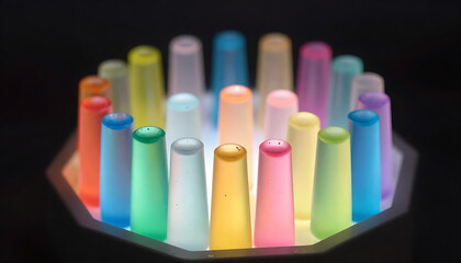 Colorful Glass Bottles &ndash; Iridescent Liquids on Wooden Tray