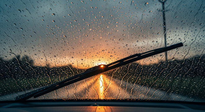 Rainy Windshield at Sunset with Reflections from a Driving Scene for Travel Blogs, Automotive Websites, Nature Awareness, and Mood Content