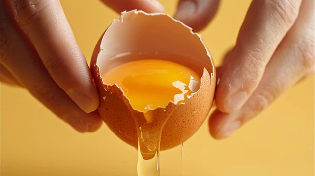 Raw egg yolk dripping from a broken shell in hands macro