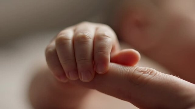 A tender moment of an adult holding a newborn baby's hand in a warm and loving gesture