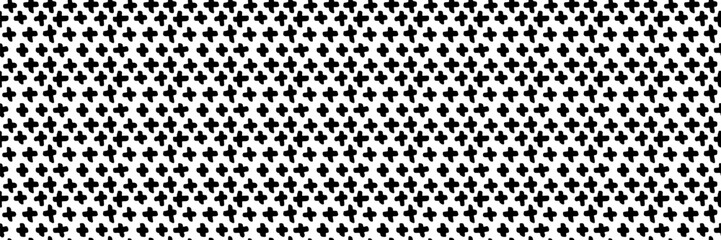 Hand-drawn cross pattern with brush strokes creates seamless geometric background. Minimalist plus signs in grunge style for modern prints and trendy designs.