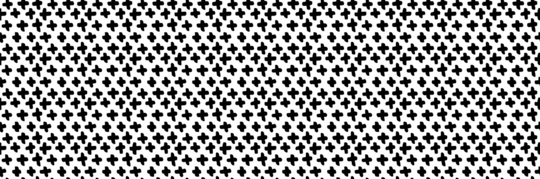 Hand-drawn cross pattern with brush strokes creates seamless geometric background. Minimalist plus signs in grunge style for modern prints and trendy designs.