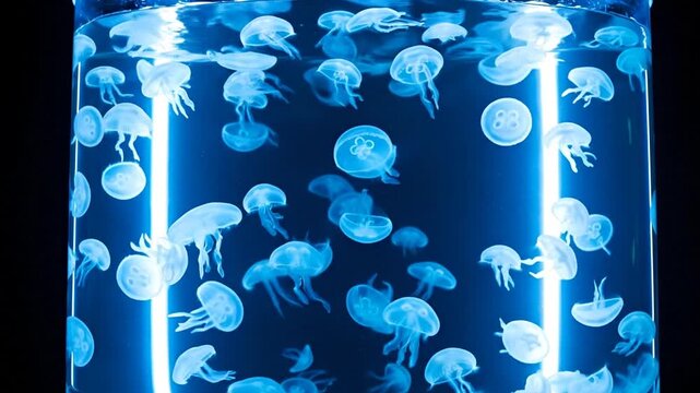 Enigmatic Marine Ballet: A mesmerizing underwater spectacle of luminous jellyfish, drifting gracefully amidst an ethereal blue glow in marine life.