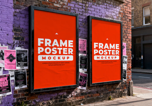 Double Frame Poster Mockup on Urban Brick Wall for Street Advertising Presentation