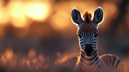 Fototapeta premium Young zebra foal portrait with warm golden sunset lighting in African savanna wildlife photography for nature and animal themed projects.