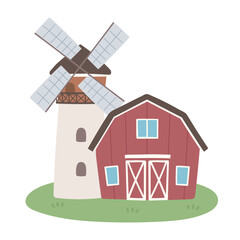 Red Barn with Gambrel Roof and Windmill &ndash; Countryside Farm Illustration