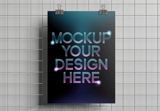 Poster Mockup Held By Clips On A Wire Grid