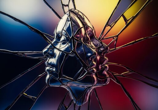 Abstract portrait showing complex self-analysis and deep introspection using fractured glass layers and multiple overlapping reflections, layered, artistic, searching