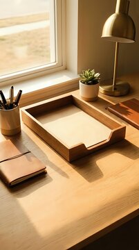 Warm sunlight illuminates organized wooden desk with document tray, brass lamp, succulent plant and office supplies creating productive workspace atmosphere.
