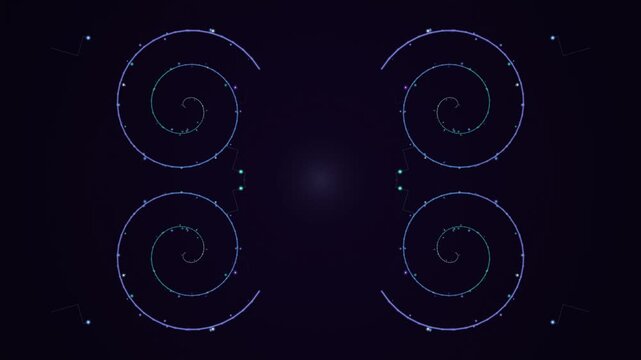 Abstract digital art featuring four glowing spiral patterns on a dark background, creating a symmetrical and ethereal visual effect.