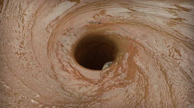 Slow motion of high-velocity water vortex rapidly draining into municipal storm sewer system. Surface runoff aggressively funnels into street catch basin, forming deep vortex above drain opening.