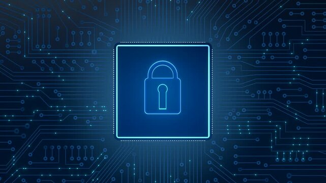 Circuit board with conductor tracks and processor, blue hologram lock symbol for data protection. Computer crime, security, protection, firewall, privacy, protected computer system or network.