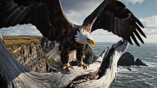 Majestic Bald Eagle Perched on Driftwood with Coastal Cliff Background