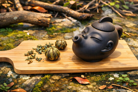 Blooming Tea Balls and Funny face Clay Teapot in Natural Outdoor Setting Illustration