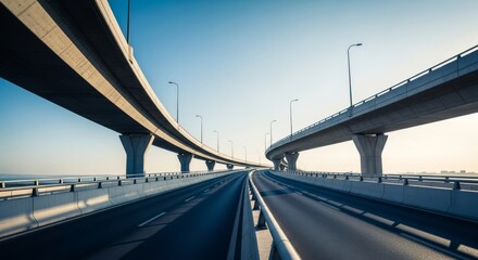 Dramatic cinematic daylight view of elevated concrete road infrastructure. Intersecting ramps demonstrate modern transport geometry and vast horizon clarity, sweeping, overpass, route