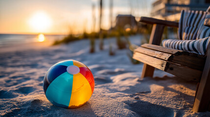 Obraz premium Vibrant beach ball sitting on soft sand near wooden chair, defocused sun setting over ocean, serene ambiance, summer vibes and relaxation, with copy space
