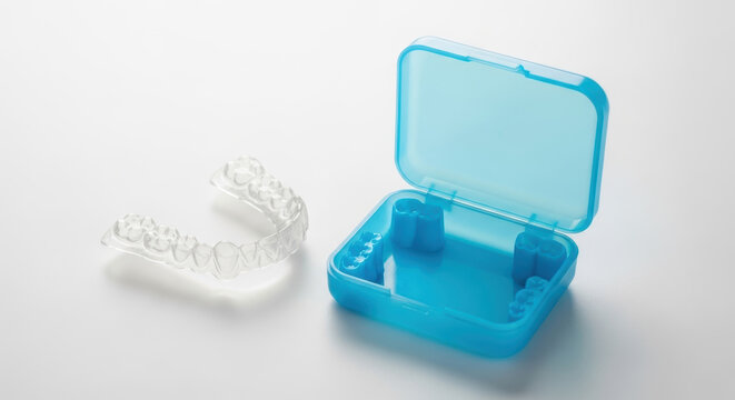 Transparent dental aligner plastic dental tray orthodontic aligner clear retainer blue retainer case dental care oral hygiene tool medical orthodontic device clean aligner storage modern dentistry