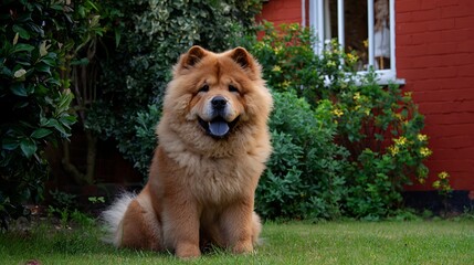 Chow Chow Dog Sitting in a Flower Garden / 花の咲く庭に座るチャウチャウ