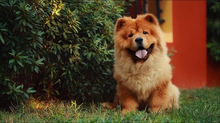 Fluffy Chow Chow Dog in a Green Garden / 緑の庭に座るふわふわのチャウチャウ