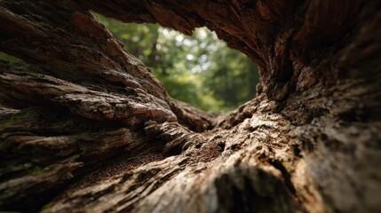 Looking through a hollow tree trunk in a forest during daytime revealing nature's details and textures