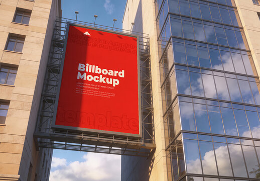 Wide Angle Large Billboard Mockup on Modern Building Exterior for Outdoor Marketing Campaign