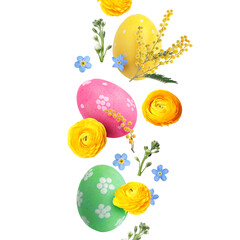 Easter eggs and spring flowers falling against white background
