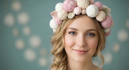 Naklejka premium Young blonde woman wearing decorative yarn ball crown headpiece with soft pink and cream pom poms, smiling warmly against blurred bokeh background for crafting content.