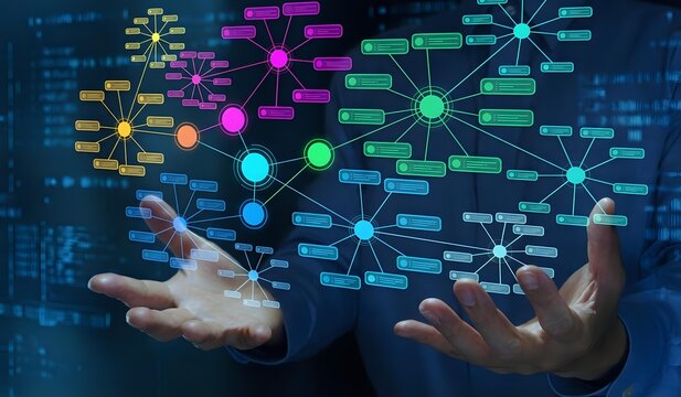 Business professional hands presenting colorful digital network diagrams with interconnected nodes and data visualization elements on dark background.