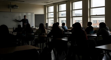 Fototapeta premium Students sitting in a classroom while a teacher writes on the board