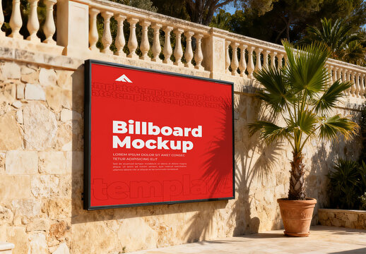 Modern Outdoor Billboard Mockup Near Palm Trees in Urban Environment for Brand Advertising