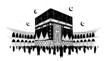 Obraz premium Kaaba in Mecca with pilgrims performing Hajj or Umrah rituals.